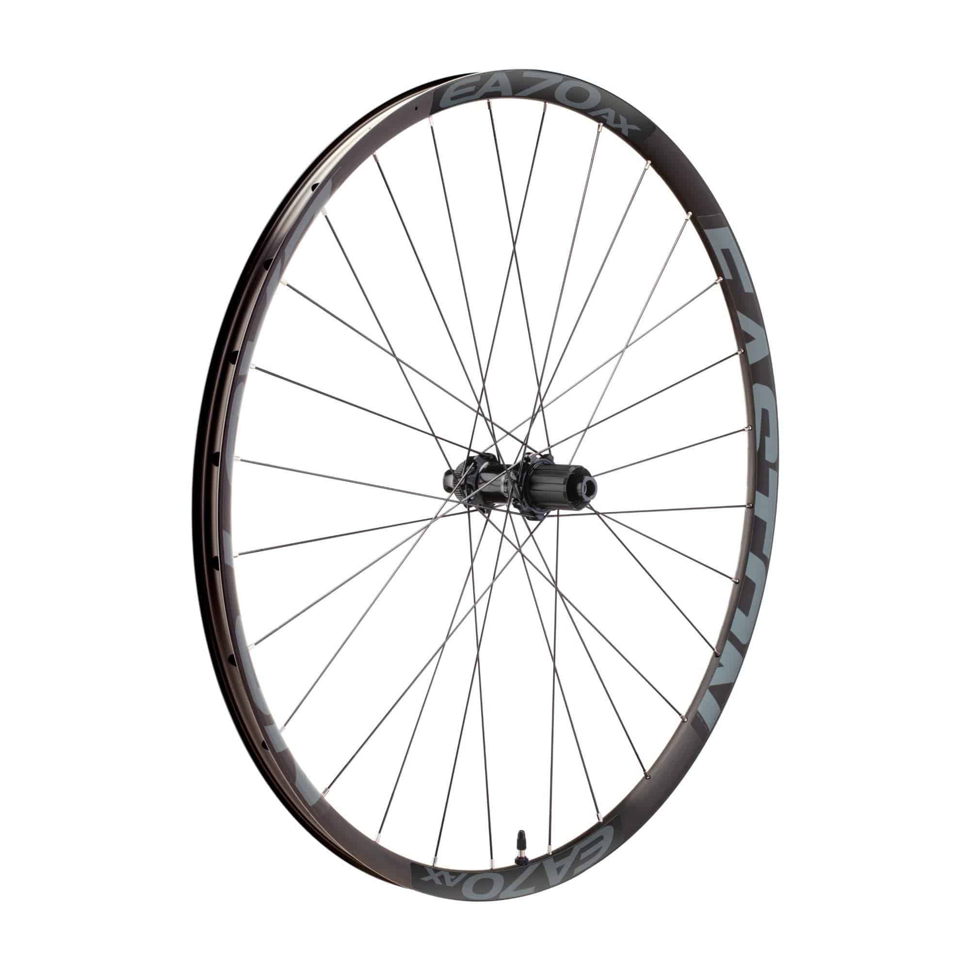 Easton EA70 AX disc wheelset with tubeless-ready rims for road and gravel bikes, showing the black wheelset with disc brake compatibility.