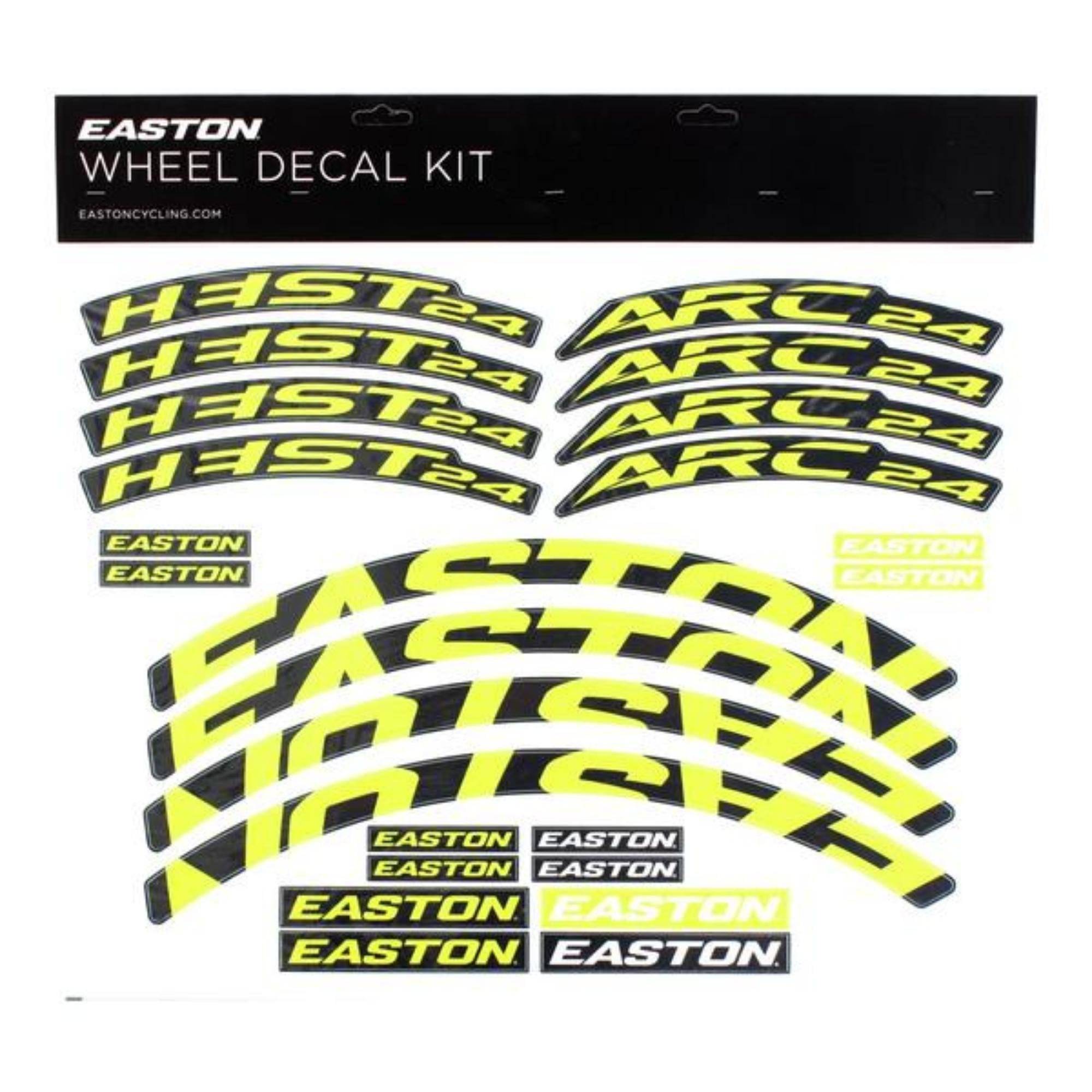 Easton Arc Heist wheel decal kit with pro-grade vinyl rim spares set, featuring colorful decals for bike wheel customization.