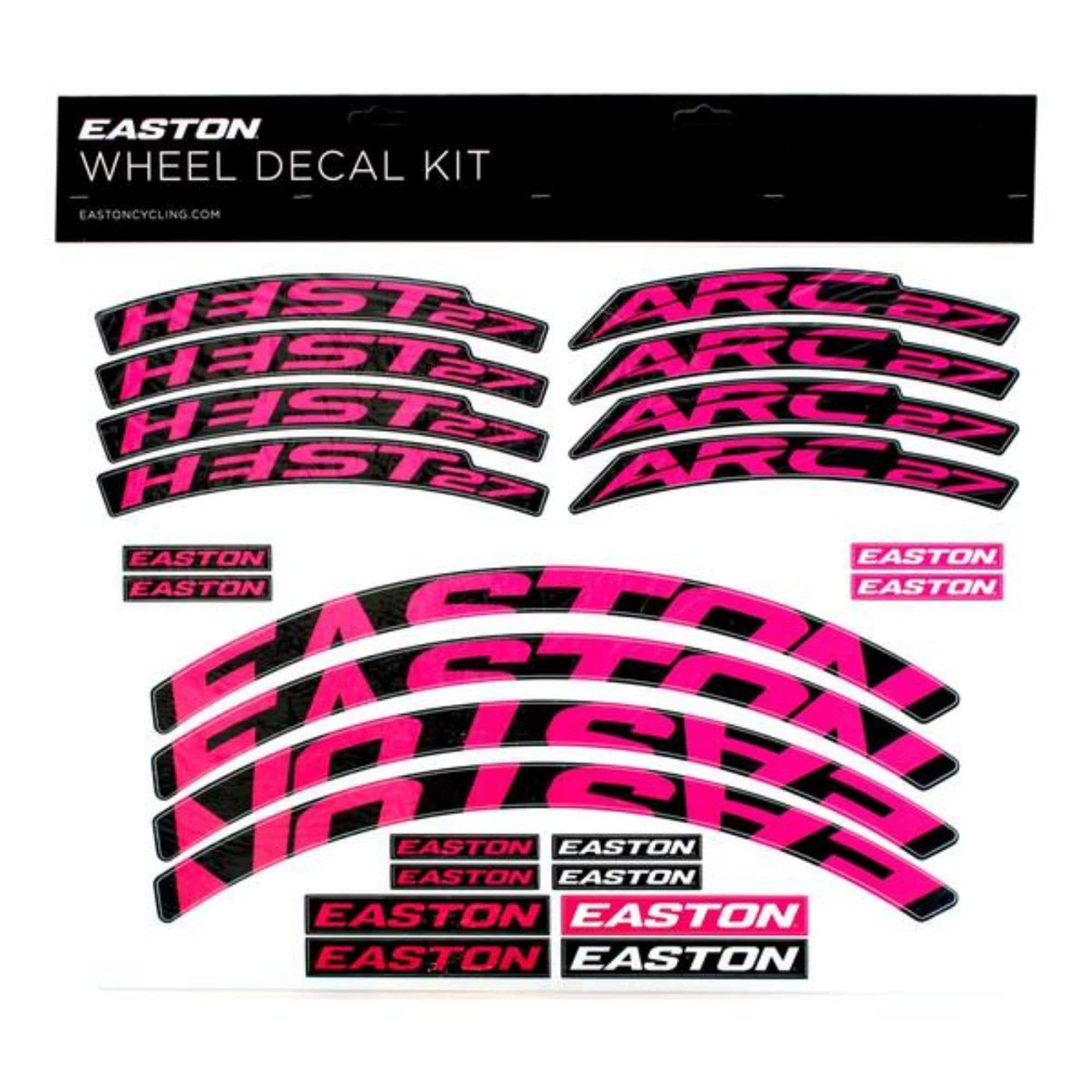 Easton Arc Heist wheel decal kit with pro-grade vinyl rim spares set, featuring colorful decals and components for bike customization.