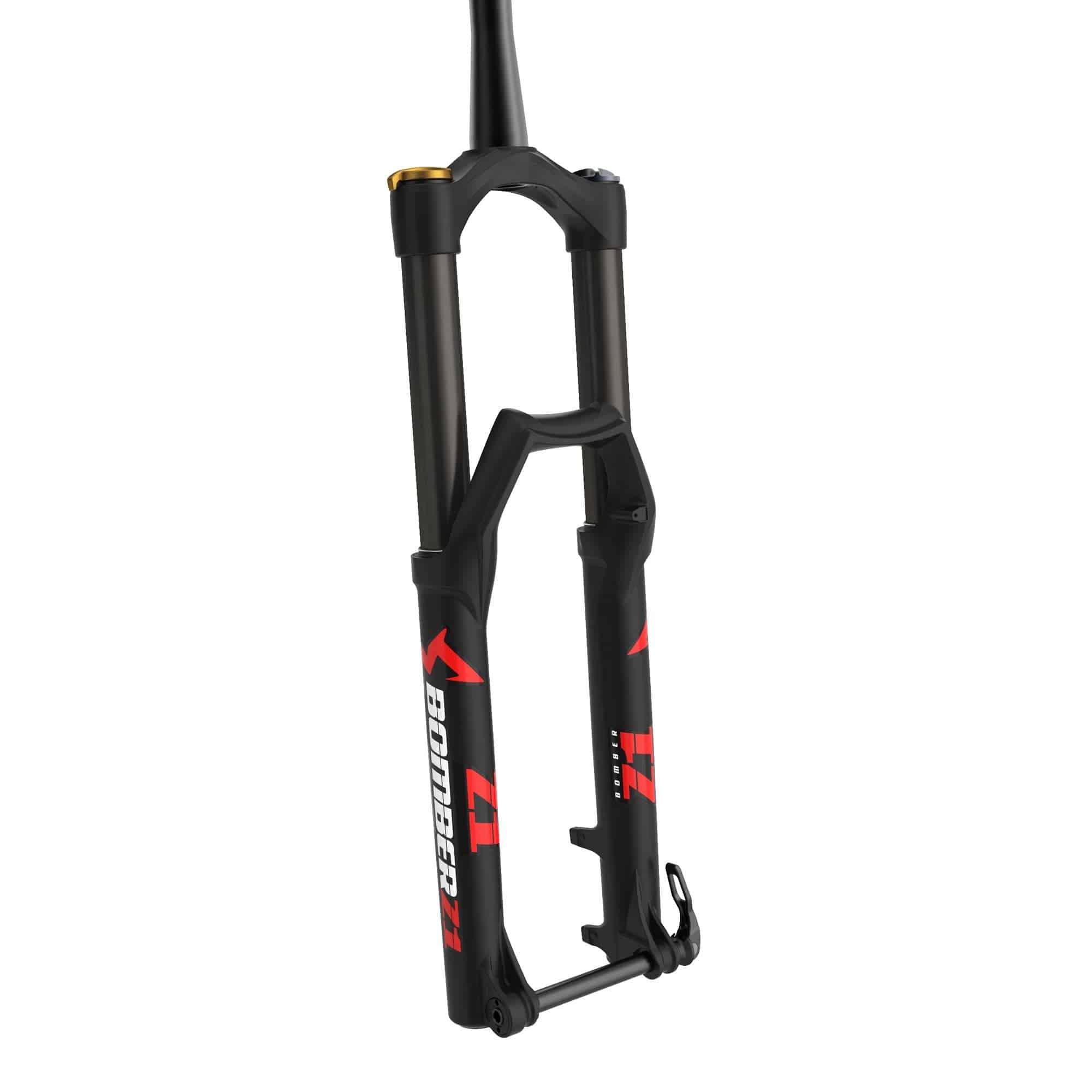 Marzocchi Bomber Z1 2022 coil tapered mountain bike fork with 150-180mm travel, showing the fork's coil spring and tapered design.