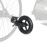 Burley 1 Wheel Stroller Kit accessory for bike trailers, showing the wheel and mounting hardware in a close-up image.