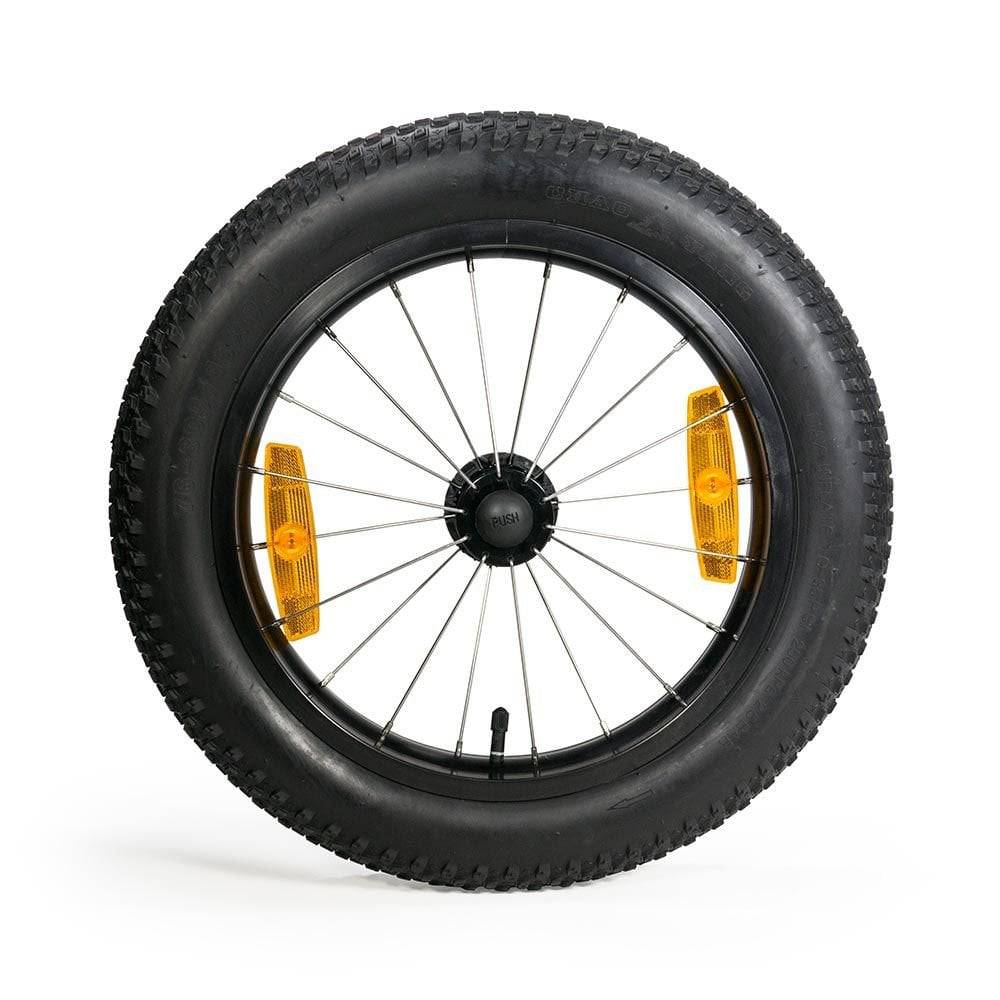 Burley 16 Plus all-terrain replacement wheels for trailers, showing durable rubber tires and metal wheel assembly.