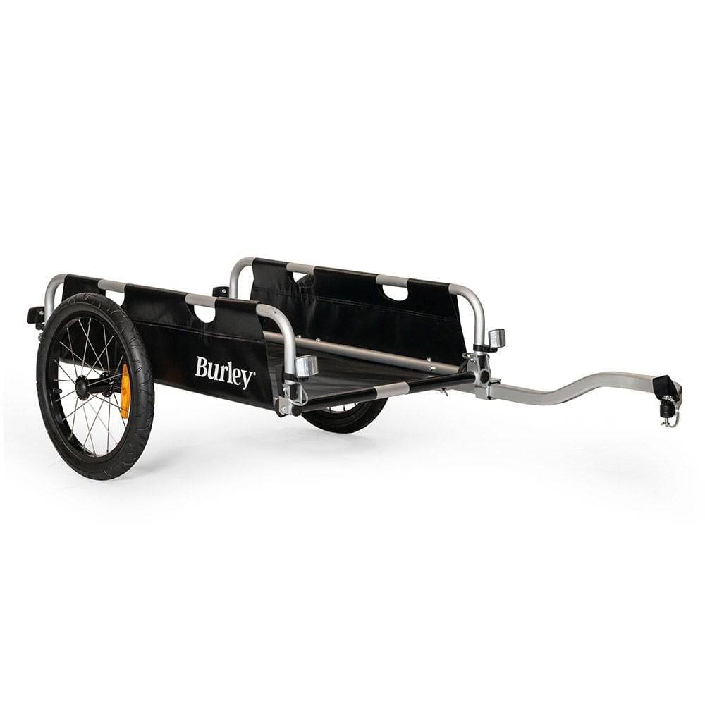 Burley Flatbed Cargo Bike Trailer, foldable two-wheel trailer for hauling bulk loads, shown with sturdy cargo platform.