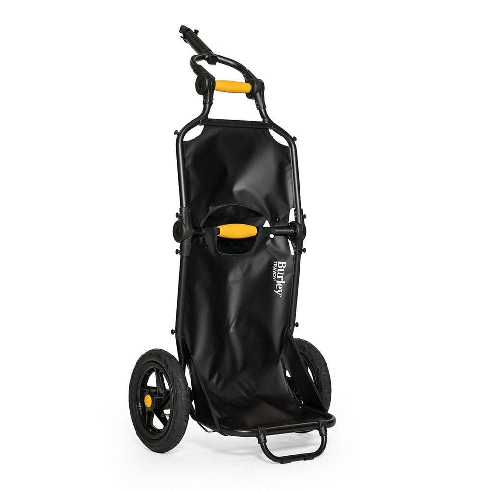 Burley Travoy cargo bike trailer in folded position, portable and lightweight accessory for transporting goods on bicycles.