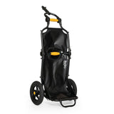 Burley Travoy cargo bike trailer in folded position, portable and lightweight accessory for transporting goods on bicycles.