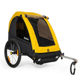 Burley Bee bike trailer for kids with double seating, 5-point harness, and storage space, designed for safe family cycling.