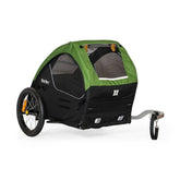 Burley Tail Wagon pet trailer with safety flag, foldable bike carrier for pets, designed for bike use and easy transport.