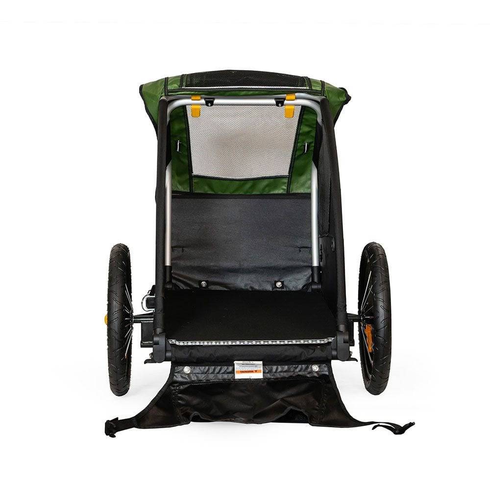 Burley Tail Wagon pet trailer with safety flag, foldable bike accessory for transporting pets safely on bike rides.