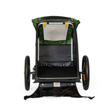 Burley Tail Wagon pet trailer with safety flag, foldable bike accessory for transporting pets safely on bike rides.