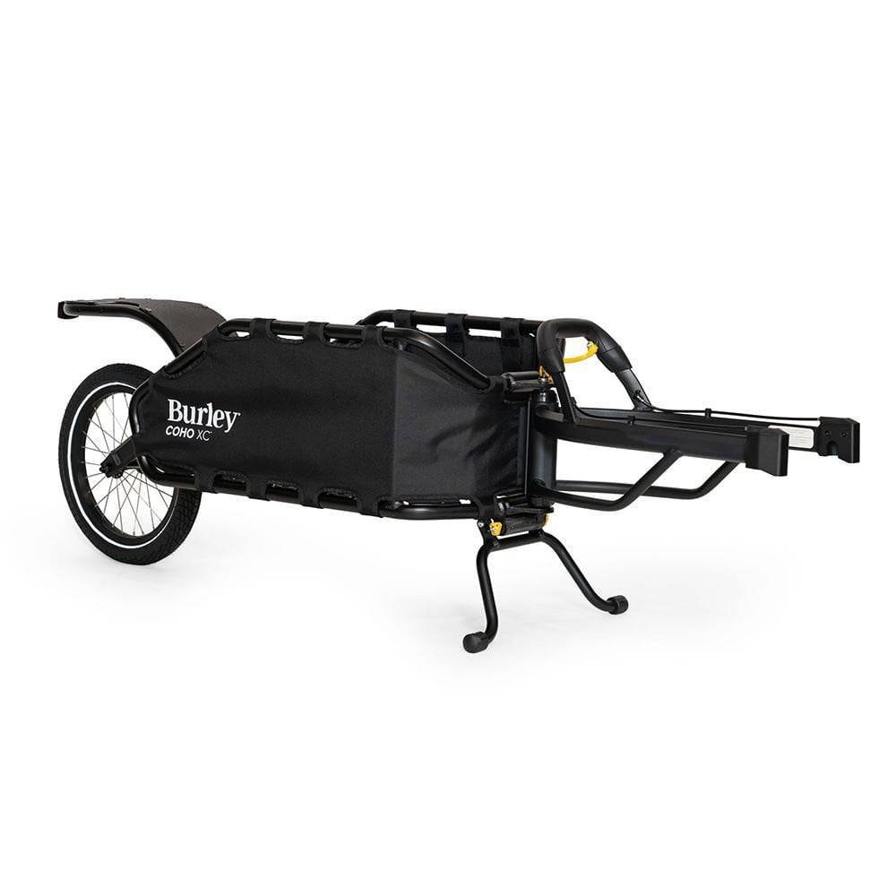 Burley Coho XC cargo bike trailer with suspension and quick release lever, designed for versatile bike transport accessories.