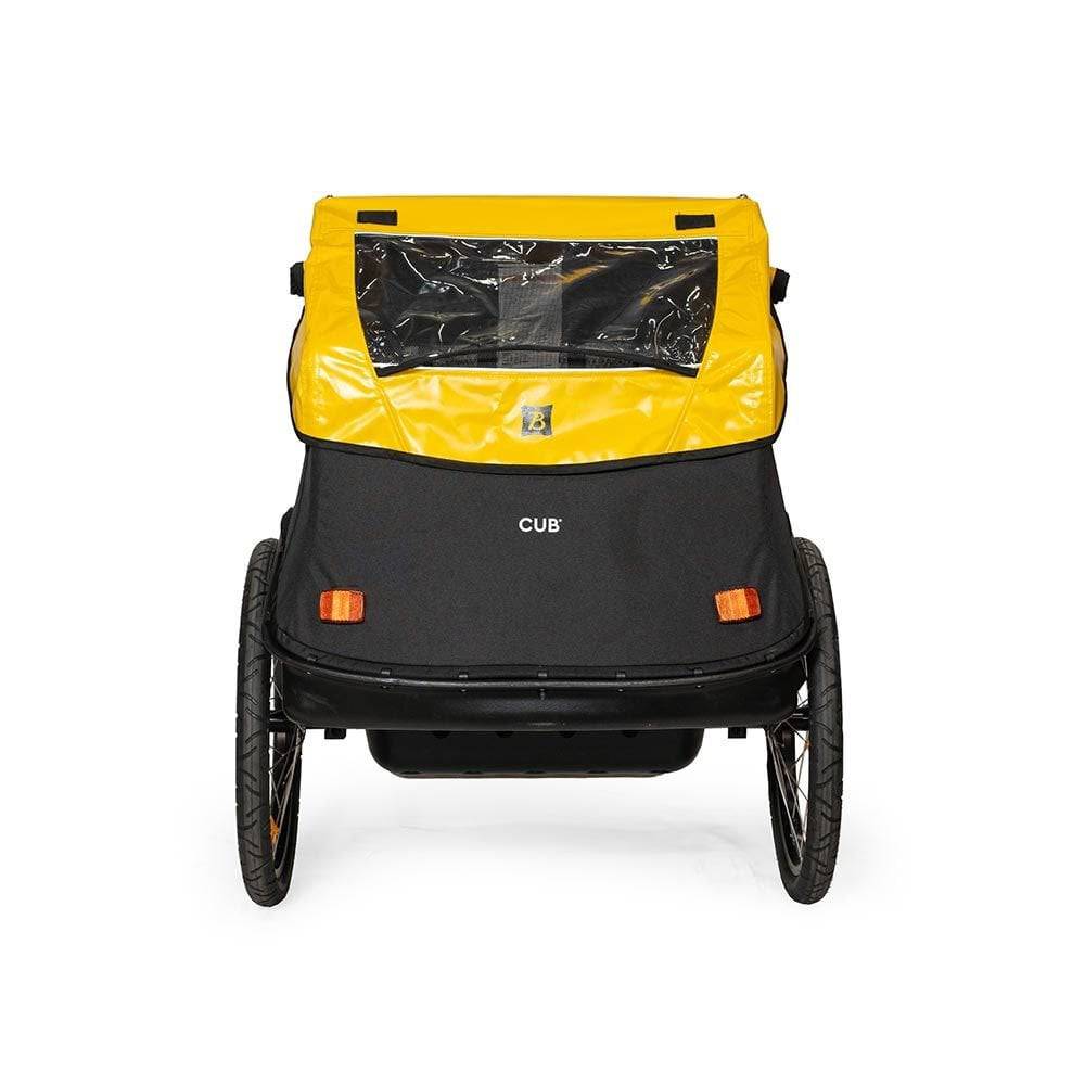 Burley Rental Cub Child Bike Trailer with weather protection, designed for high-frequency rental use, safety harness, and durable accessories.