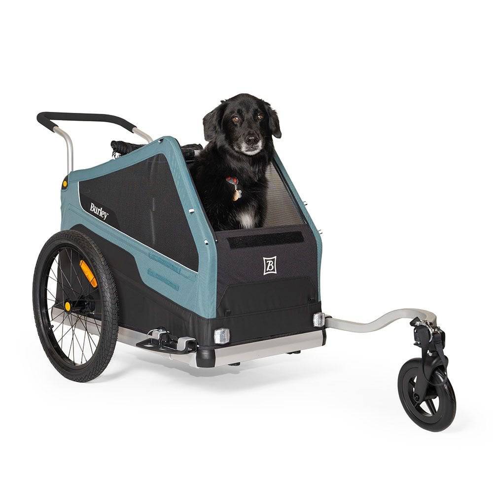 Burley Bark Ranger pet trailer with stroller kit, showing the bike and walk trailer for pets, in dark gray color.