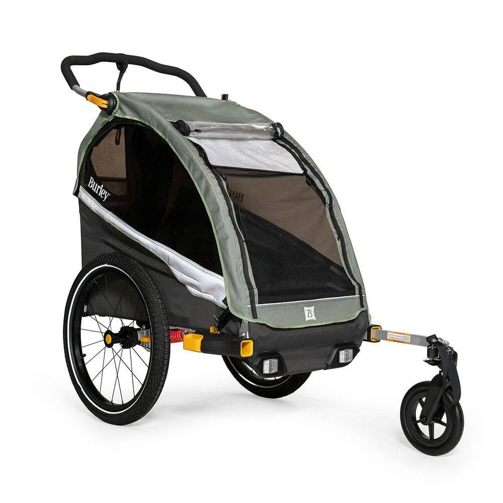 Burley D'Lite X single bike trailer and stroller with adjustable suspension, featuring a sturdy frame and safety harness.