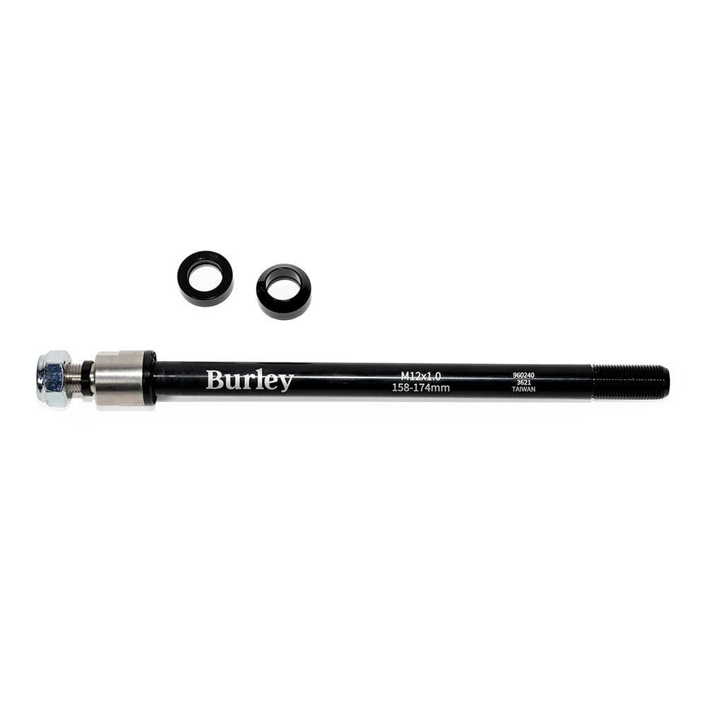 Burley Thru Axle Mount for 12mm bikes, trailer connector and spare parts, mounted on a bicycle component.