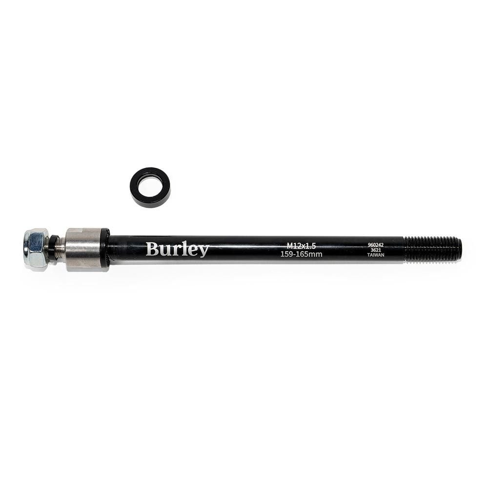 Burley Thru Axle Mount for 12mm bikes, trailer connector, and spares, showing the metal mount and hardware for bike trailer attachment.