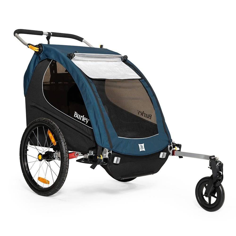 Burley Encore X bike trailer and stroller with suspension, 2-in-1 convertible design for child transportation and outdoor adventures.