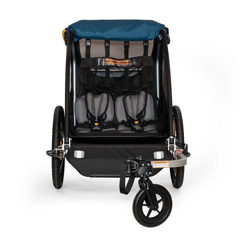 Burley Encore X bike trailer and stroller with suspension, 2-in-1 convertible design for versatile child transportation.