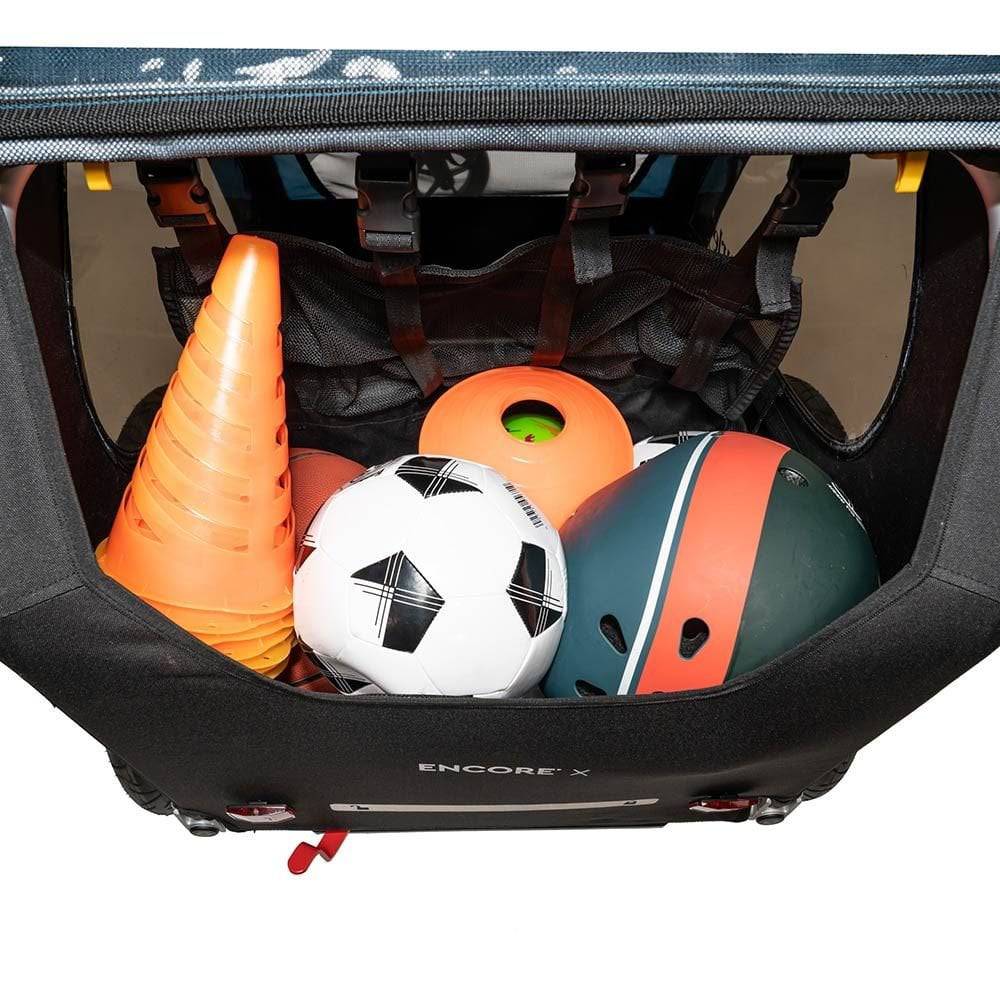 Burley Encore X bike trailer and stroller with suspension, 2-in-1 convertible design, featuring durable fabric and safety features.