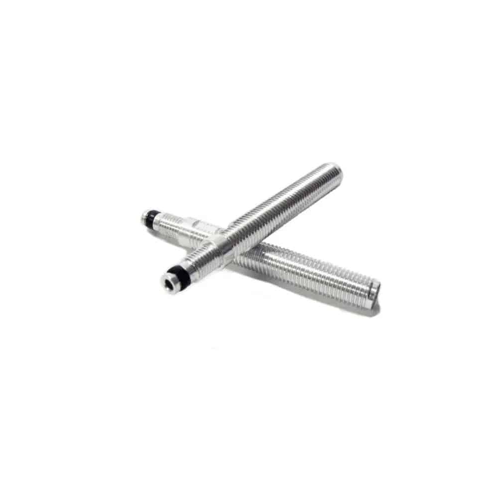 Pair of Stan's No Tubes 40mm threaded valve extenders for Presta tubeless rims, showing metal construction and threading details.