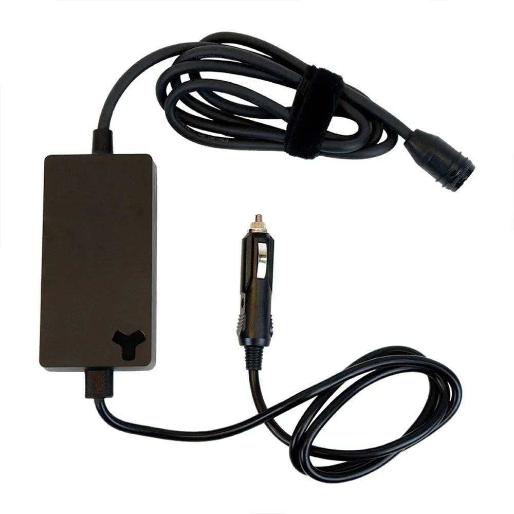 Fazua Ride 50 12V car charger for Energy 250 and 250X e-bike batteries, compact component for charging e-bike batteries.