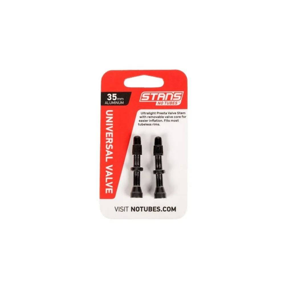 Pair of Stan's No Tubes Presta valve stems in aluminum, tubeless compatible, for bicycle wheels and rims.