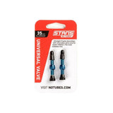 Pair of Stan's No Tubes Presta valve stems made of aluminum, tubeless compatible, designed for bicycle wheels and tubeless setups.