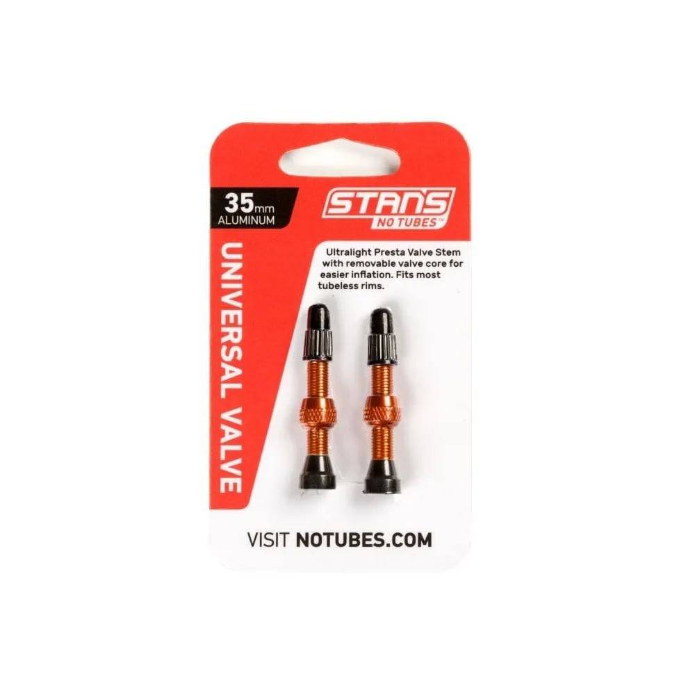 Pair of Stan's No Tubes Presta valve stems made of aluminum, tubeless compatible, for bicycle wheels and tire inflation.