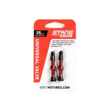 Pair of Stan's No Tubes Presta valve stems made of aluminum, tubeless compatible, designed for bicycle wheels and rims.