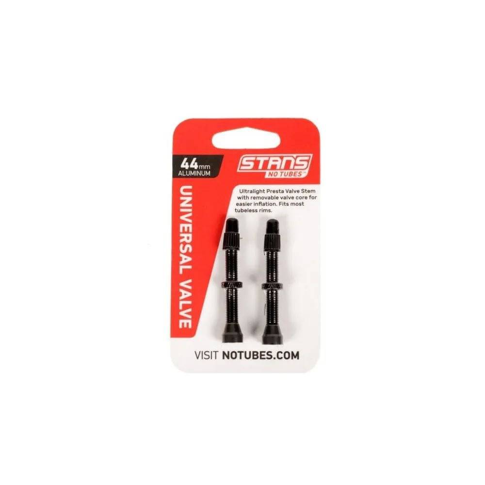 Pair of Stan's No Tubes Presta valve stems made of aluminum, compatible with tubeless bicycle tires, for easy inflation and maintenance.