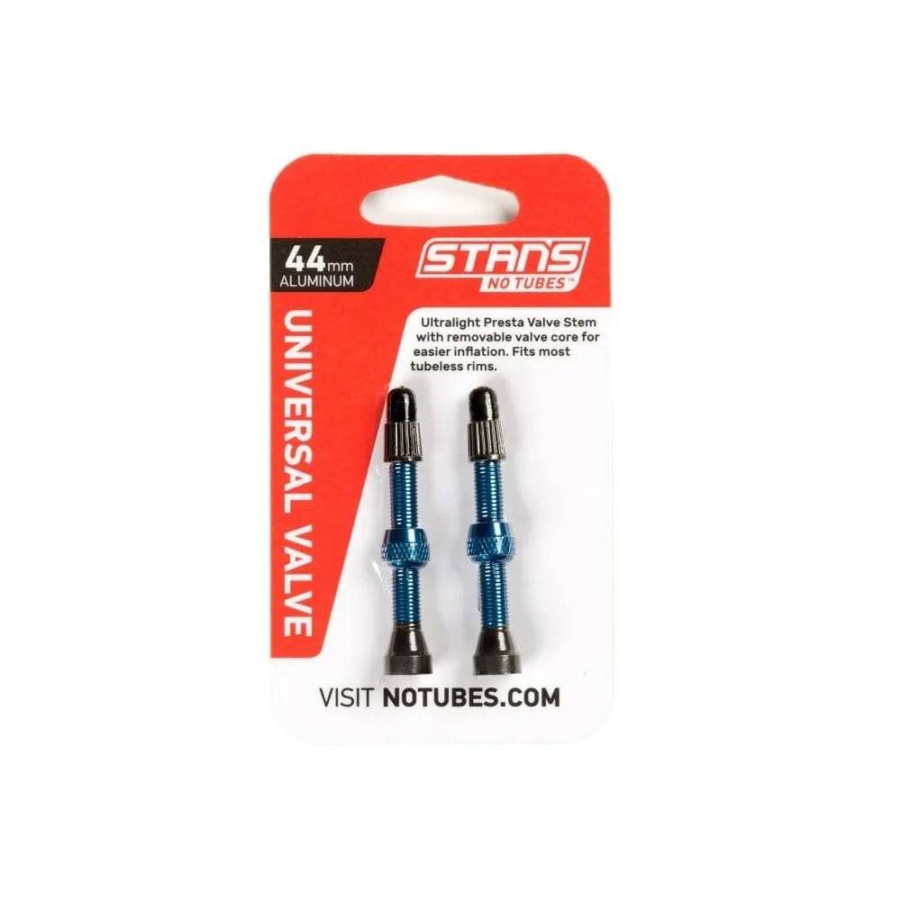 Pair of Stan's No Tubes Presta valve stems made of aluminum, tubeless compatible, for bicycle wheels and bike maintenance.