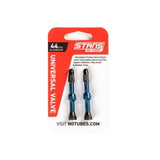 Pair of Stan's No Tubes Presta valve stems made of aluminum, tubeless compatible, for bicycle wheels and bike maintenance.
