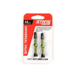 Pair of Stan's No Tubes Presta valve stems made of aluminum, tubeless compatible, for bicycle wheel components.