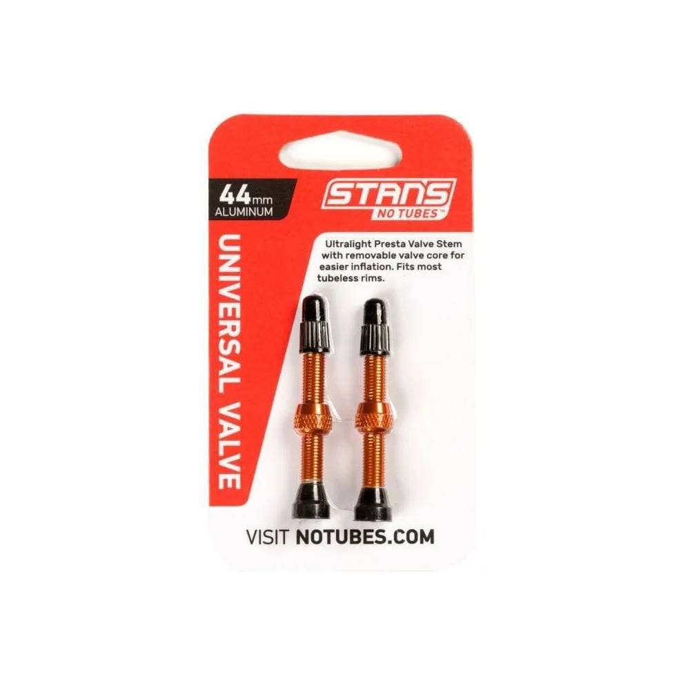Pair of Stan's No Tubes Presta valve stems made of aluminum, tubeless compatible, designed for bicycle wheels.