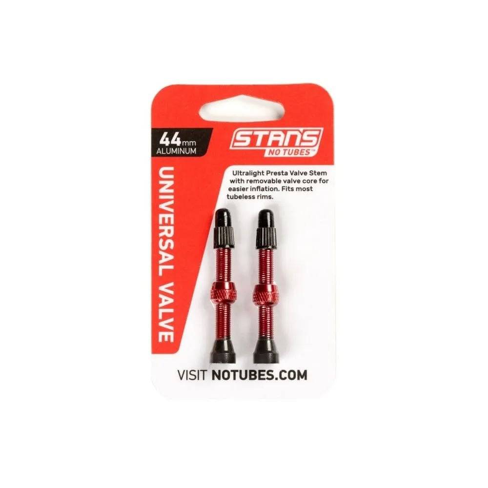Pair of Stan's No Tubes Presta valve stems made of aluminum, tubeless-compatible bike components for easy inflation.