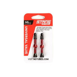 Pair of Stan's No Tubes Presta valve stems made of aluminum, tubeless-compatible bike components for easy inflation.