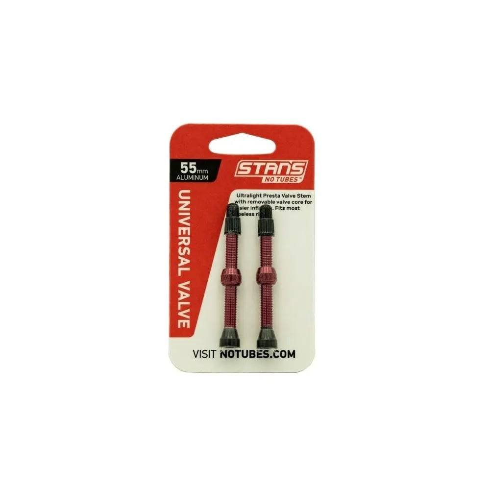 Pair of Stan's No Tubes Presta valve stems made from aluminum, tubeless compatible, designed for bicycle wheel components.