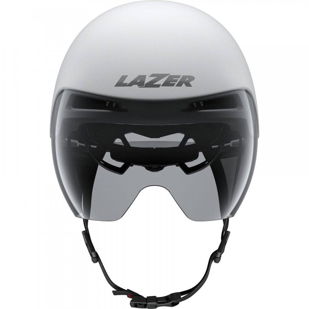Lazer Victor KinetiCore aerodynamic cycling helmet with panoramic visor, lightweight design, and adjustable straps.