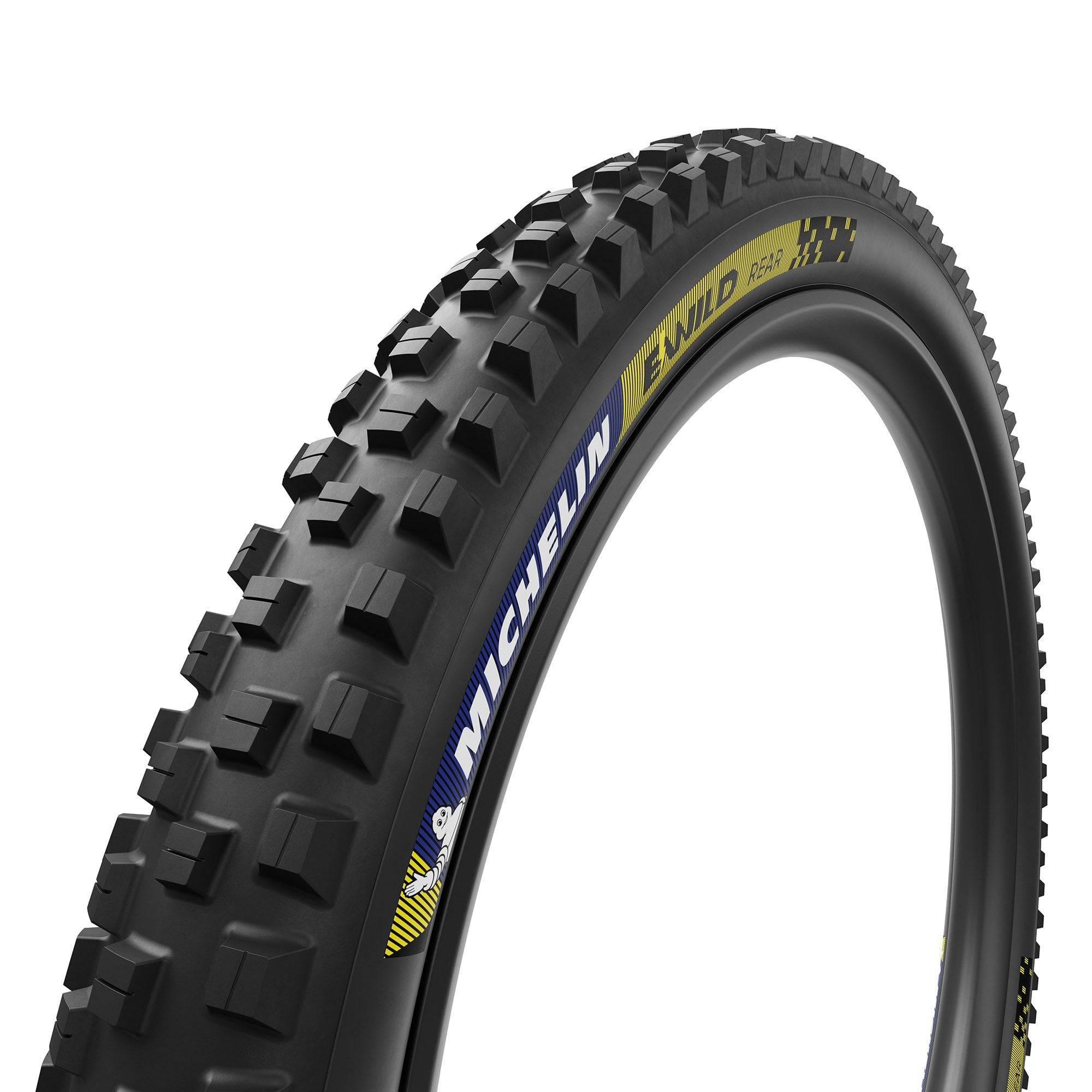 Michelin E-Wild Racing Line E-MTB tubeless-ready front and rear tires with rugged tread for mountain biking.