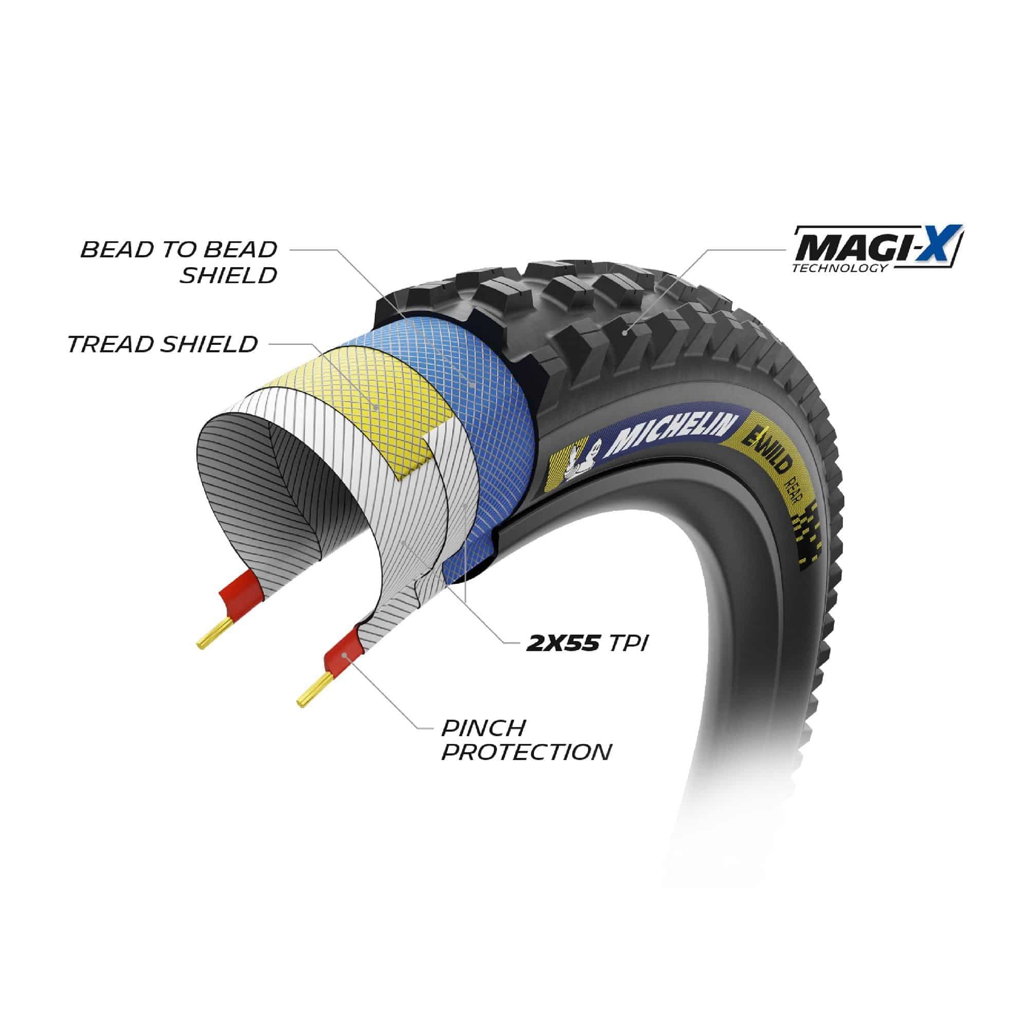Michelin E-Wild Racing Line E-MTB tubeless-ready front and rear tires with rugged tread for mountain biking.
