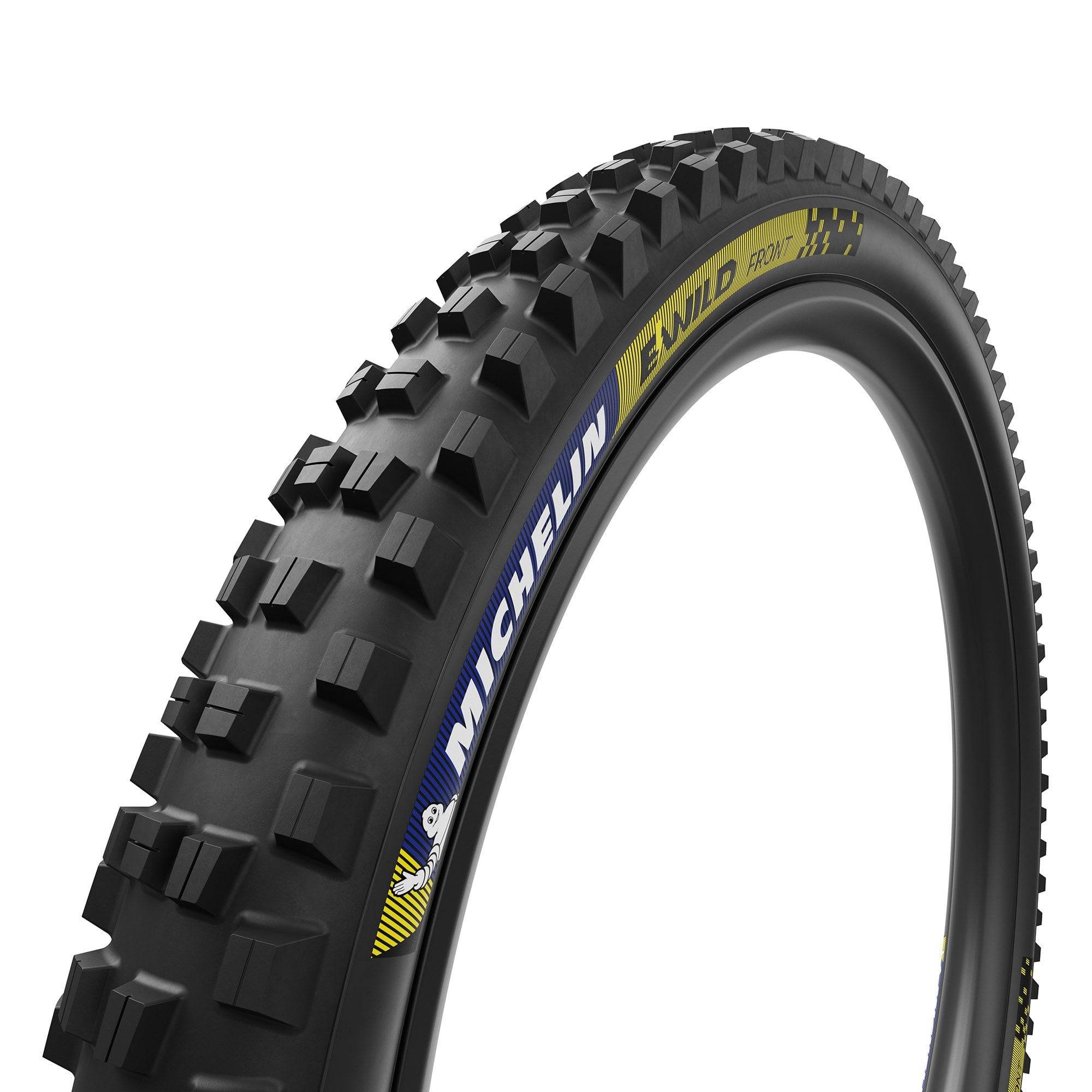 Michelin E-Wild Racing Line E-MTB tubeless-ready front and rear tires with rugged tread for mountain biking.