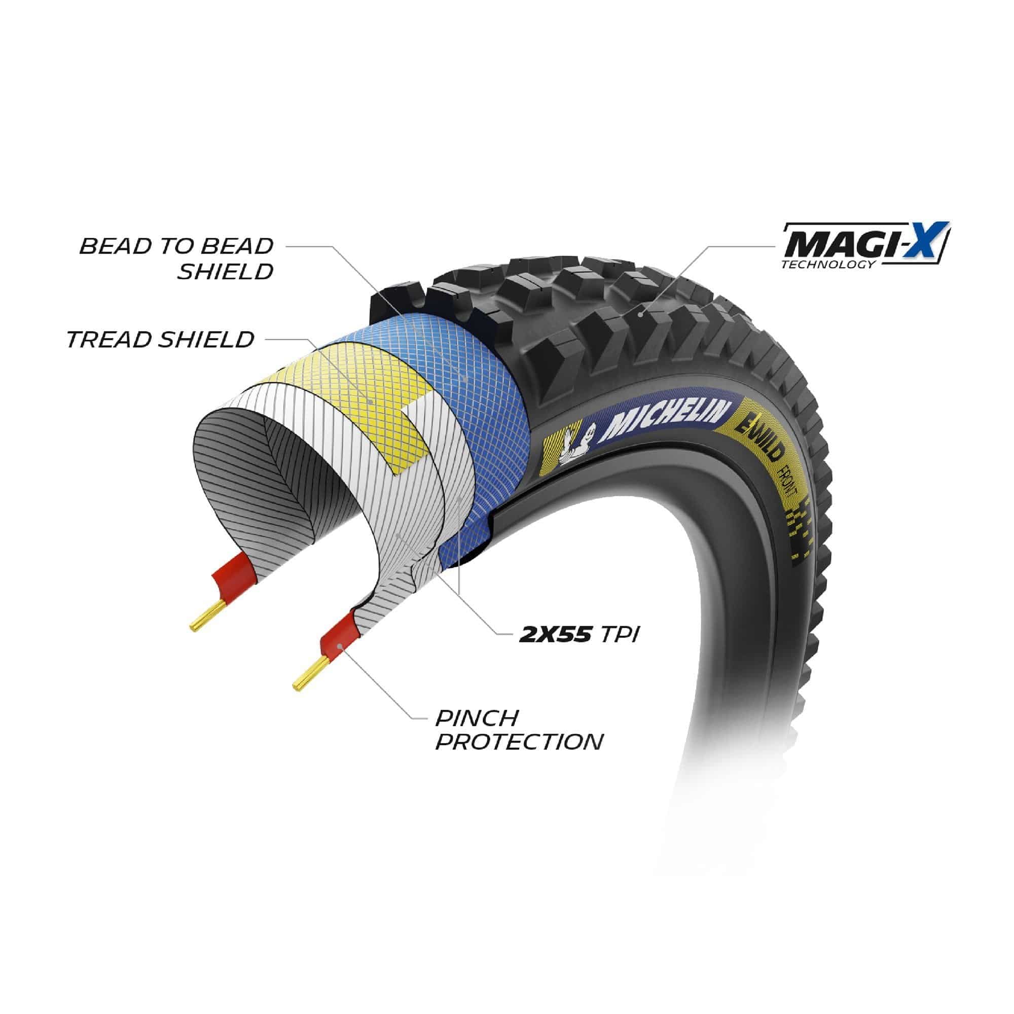 Michelin E-Wild Racing Line E-MTB tubeless-ready front and rear tires, designed for off-road mountain biking.