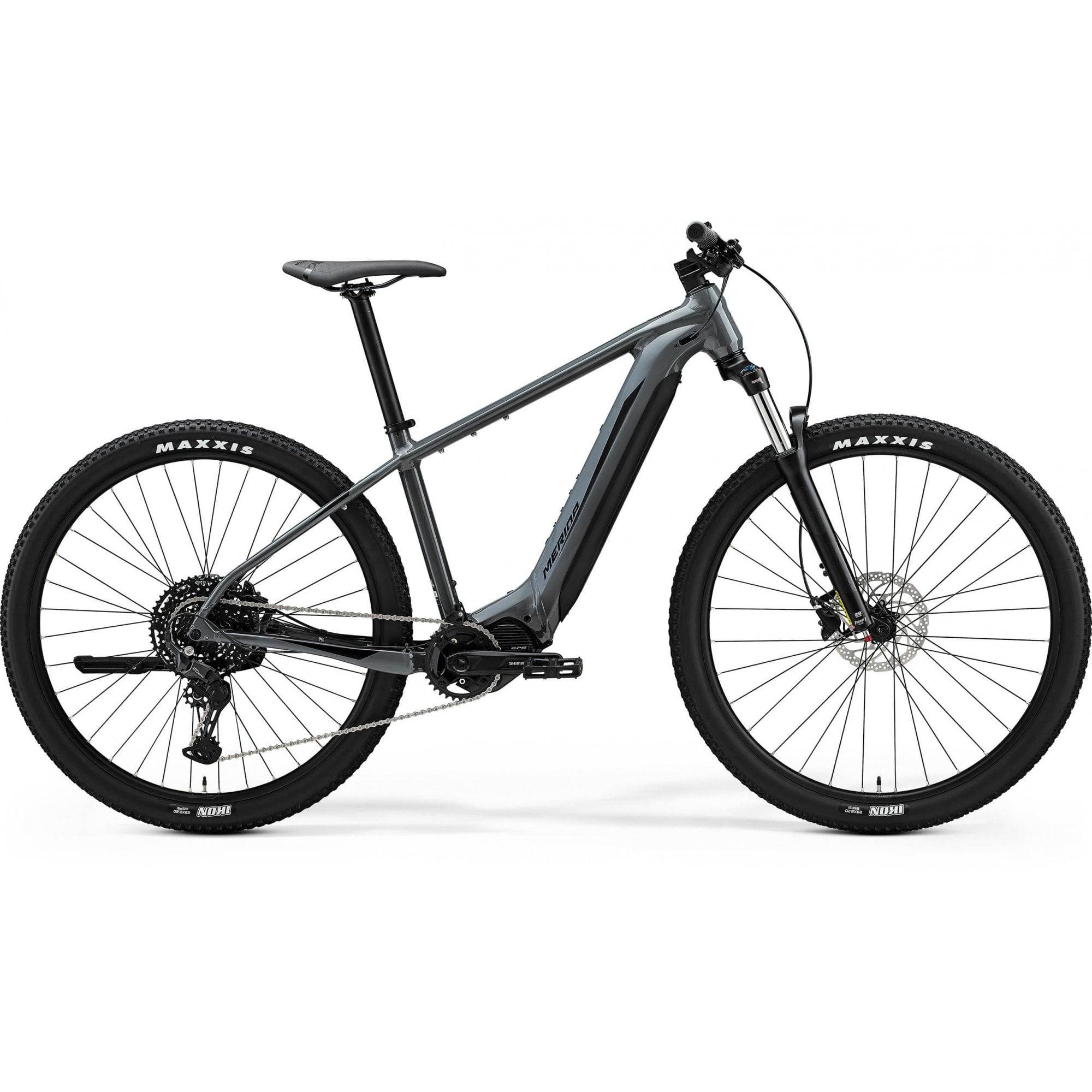 Merida eBig Nine 400 MY24 e-mountain bike with Shimano EP6 motor in gray and black, shown from side view.