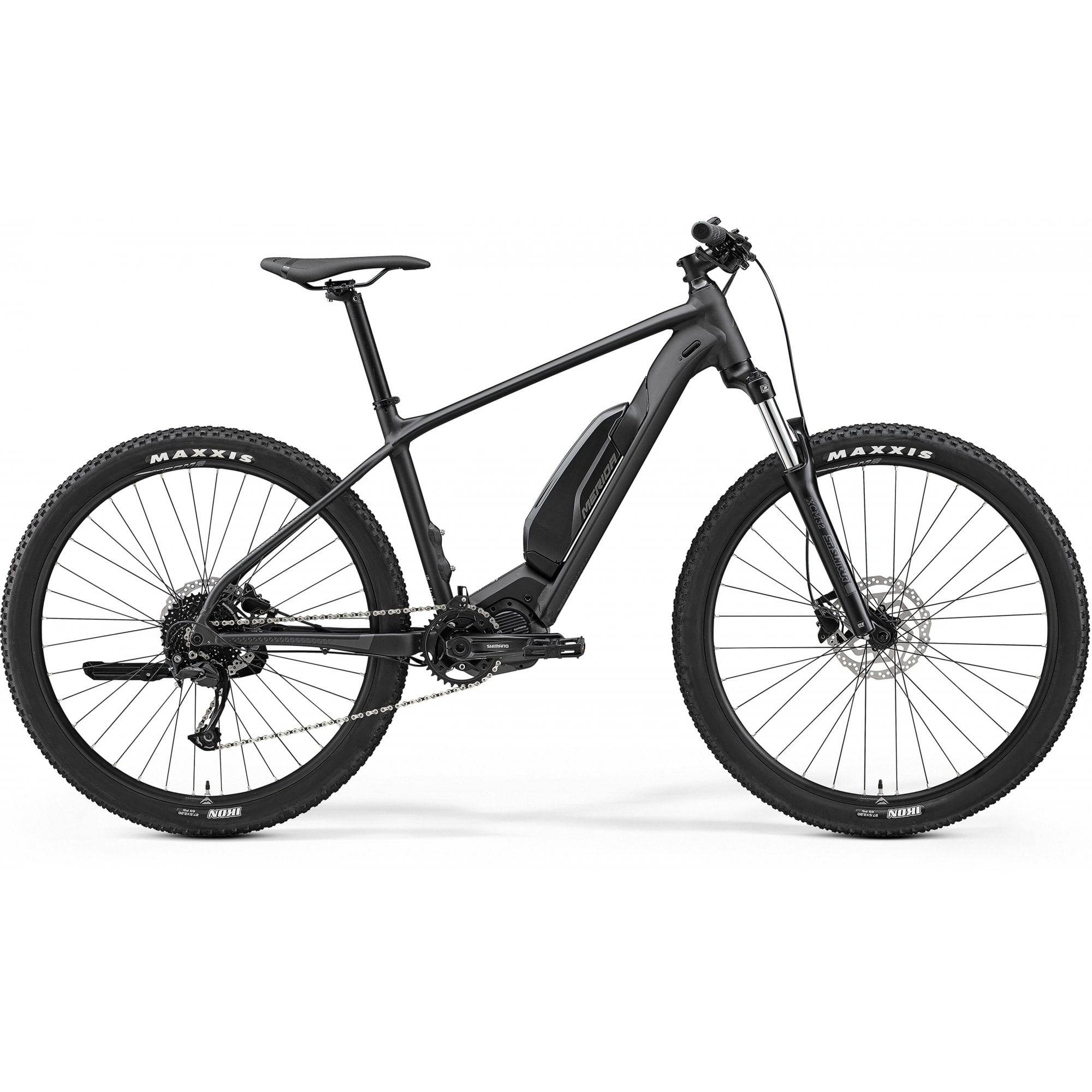 Merida eBig Seven 300SE e-Mountain Bike in black anthracite with Shimano Deore M3100 drivetrain and mountain bike features.