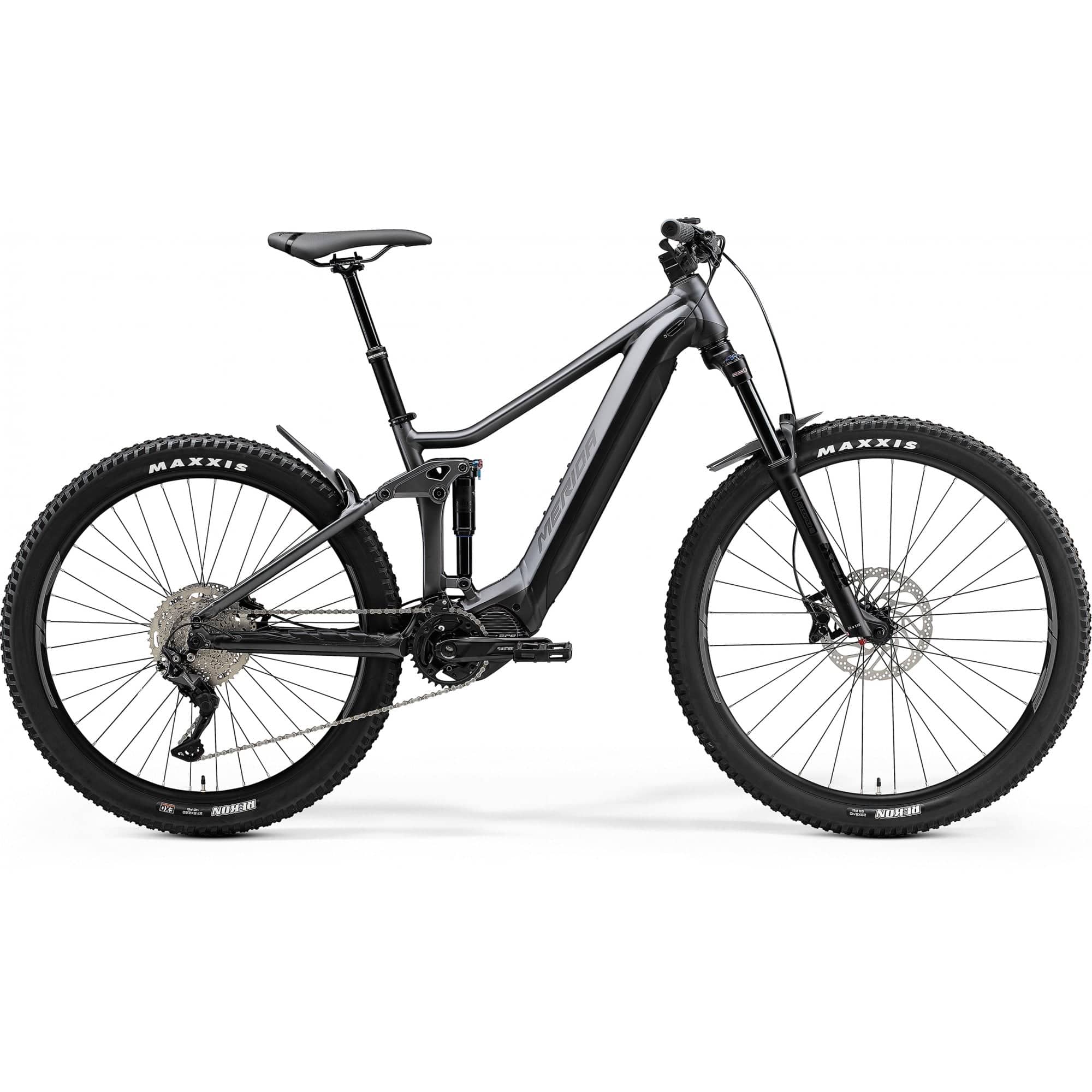 Merida eOne-Forty 400 e-Mountain Bike with Shimano EP600 motor in anthracite and black, showcasing the bike's frame and suspension.