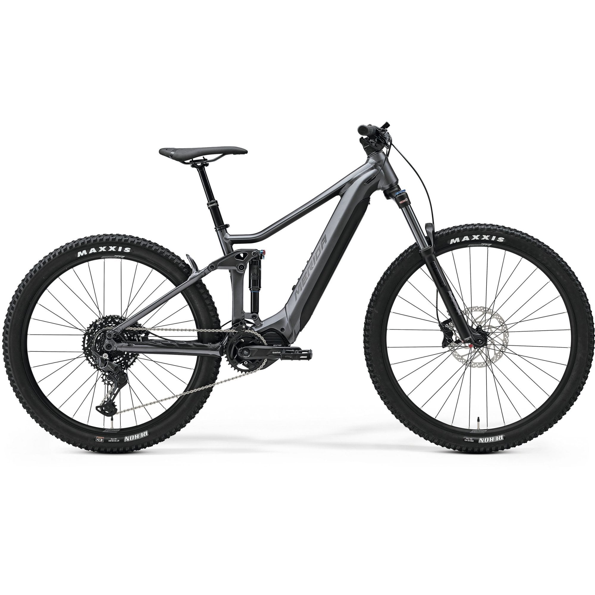 Merida eOne-Forty 400 SE MY24 e-mountain bike with Shimano motor in silver and black, featuring a sleek frame and mountain bike components.