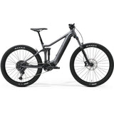 Merida eOne-Forty 400 SE MY24 e-mountain bike with Shimano motor in silver and black, featuring a sleek frame and mountain bike components.