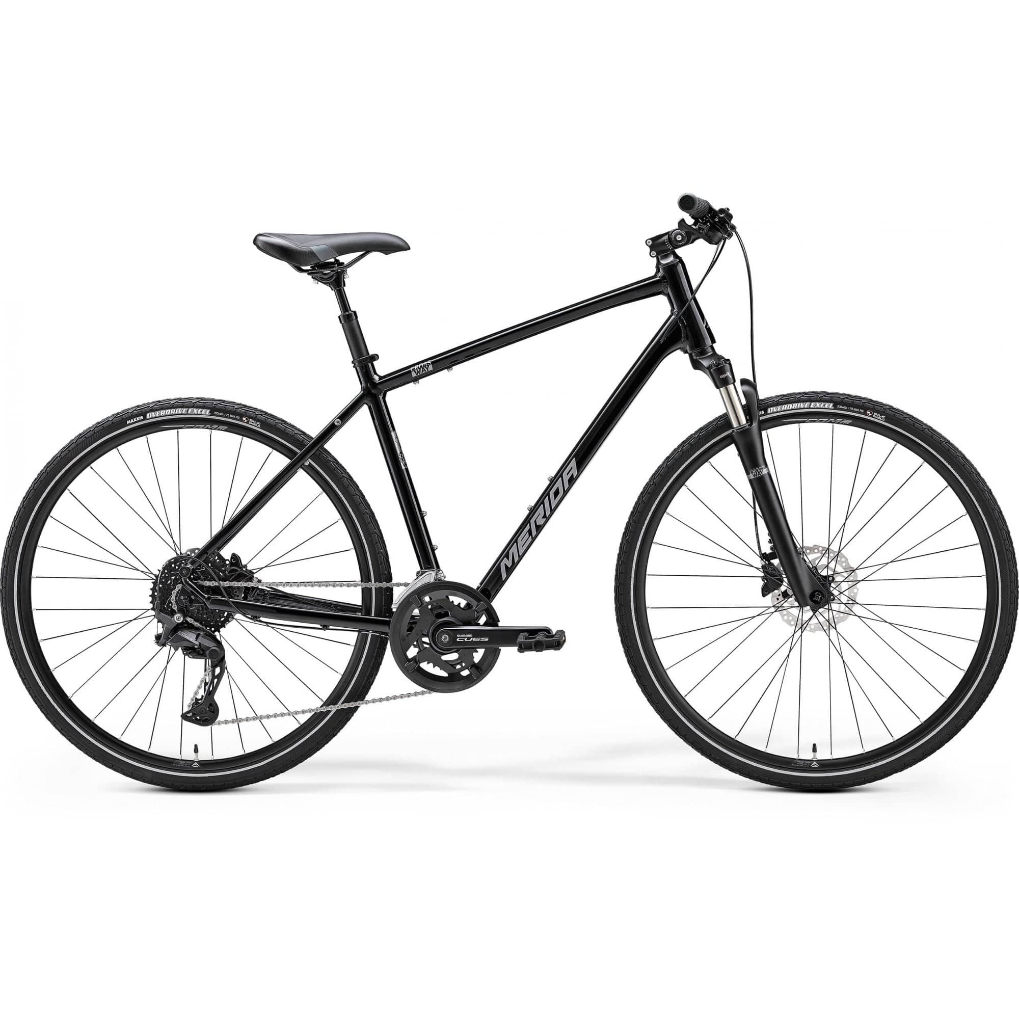 Merida Crossway 300 MY24 hybrid bike with Shimano disc brakes and 700c wheels, black frame, ready for city or trail riding.