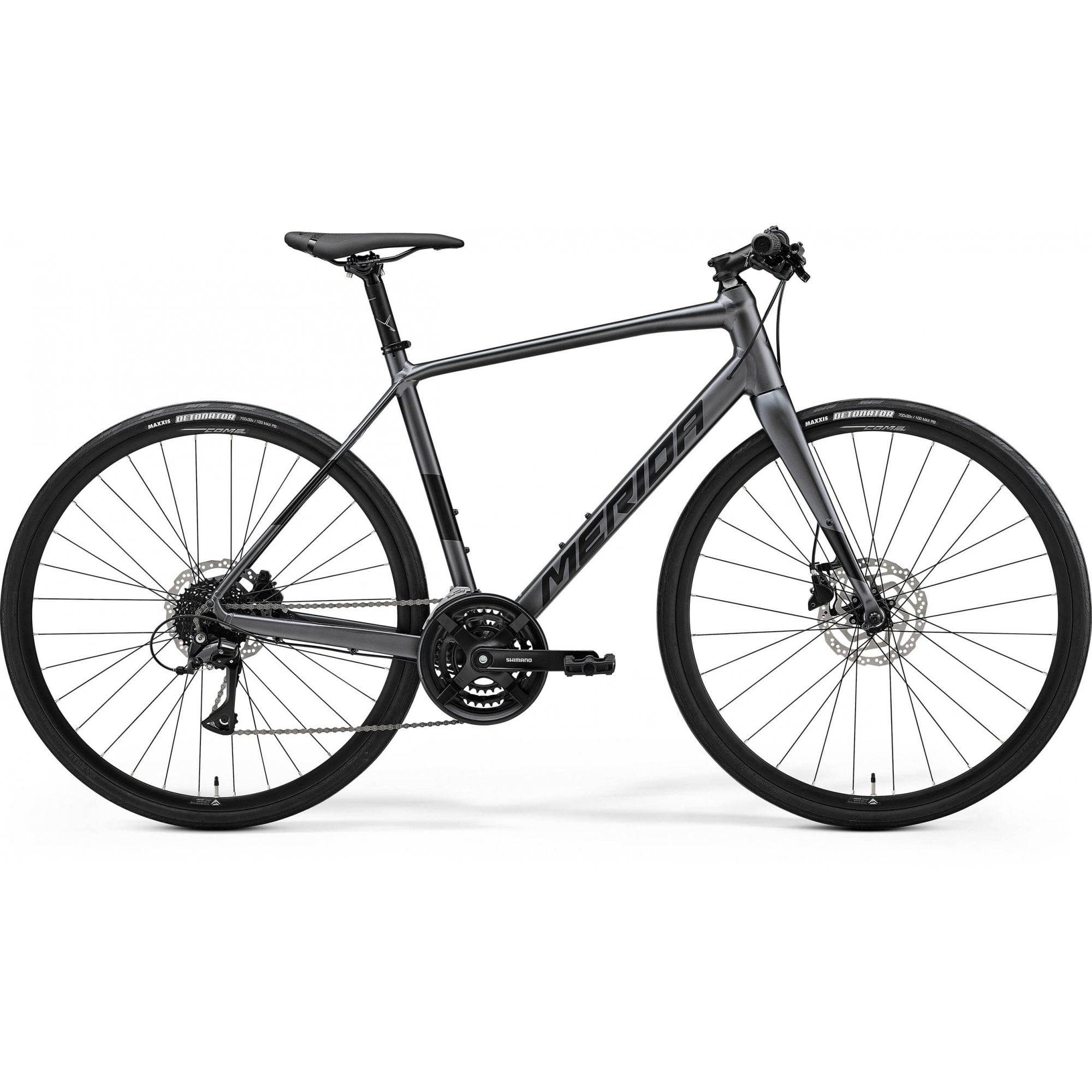 Merida Speeder 100 MY24 hybrid bike in anthracite and black, featuring lightweight frame and hydraulic disc brakes for versatile commuting.