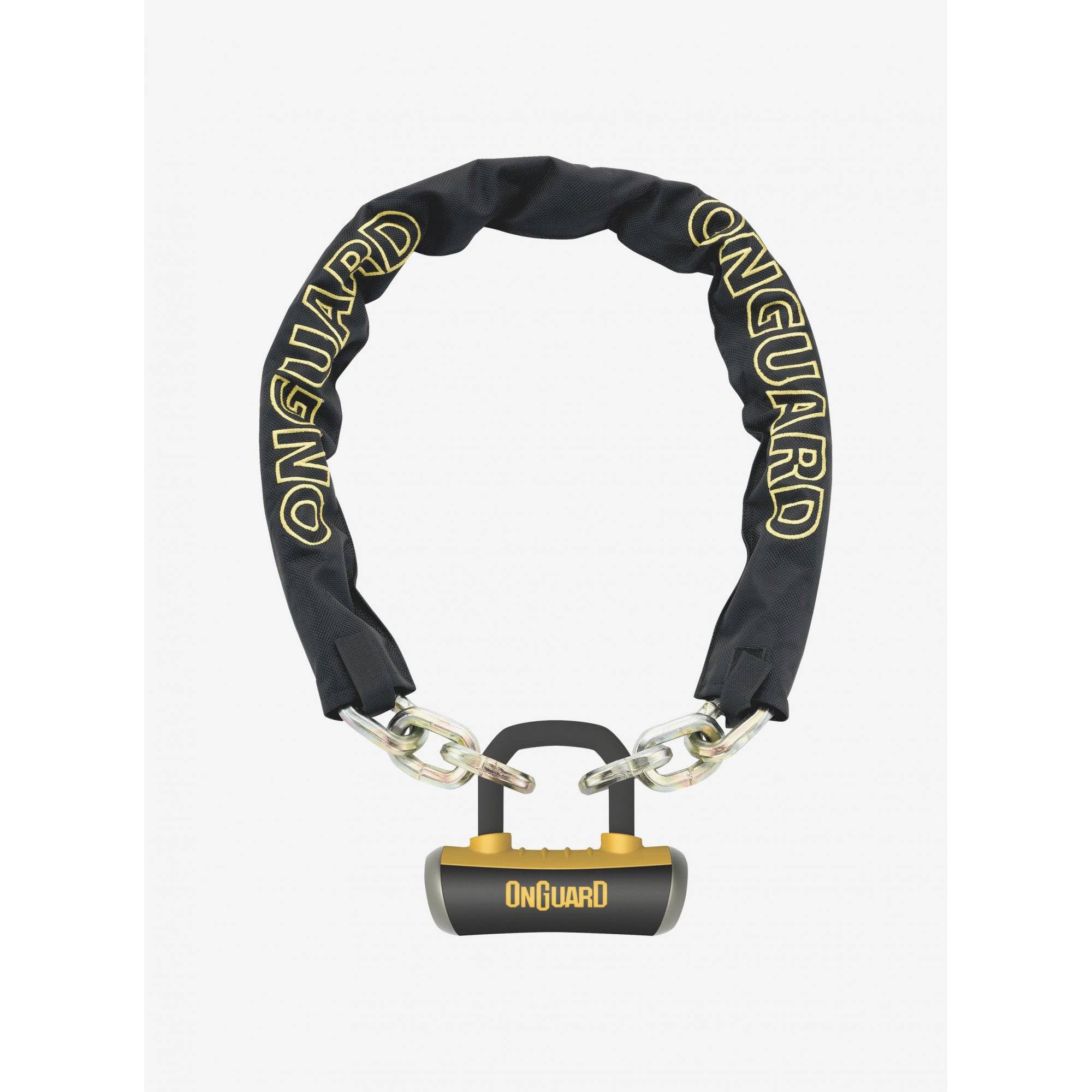 OnGuard Mastiff 110cm black and yellow chain lock with secure design, featuring a sturdy metal lock for bicycle or scooter security.