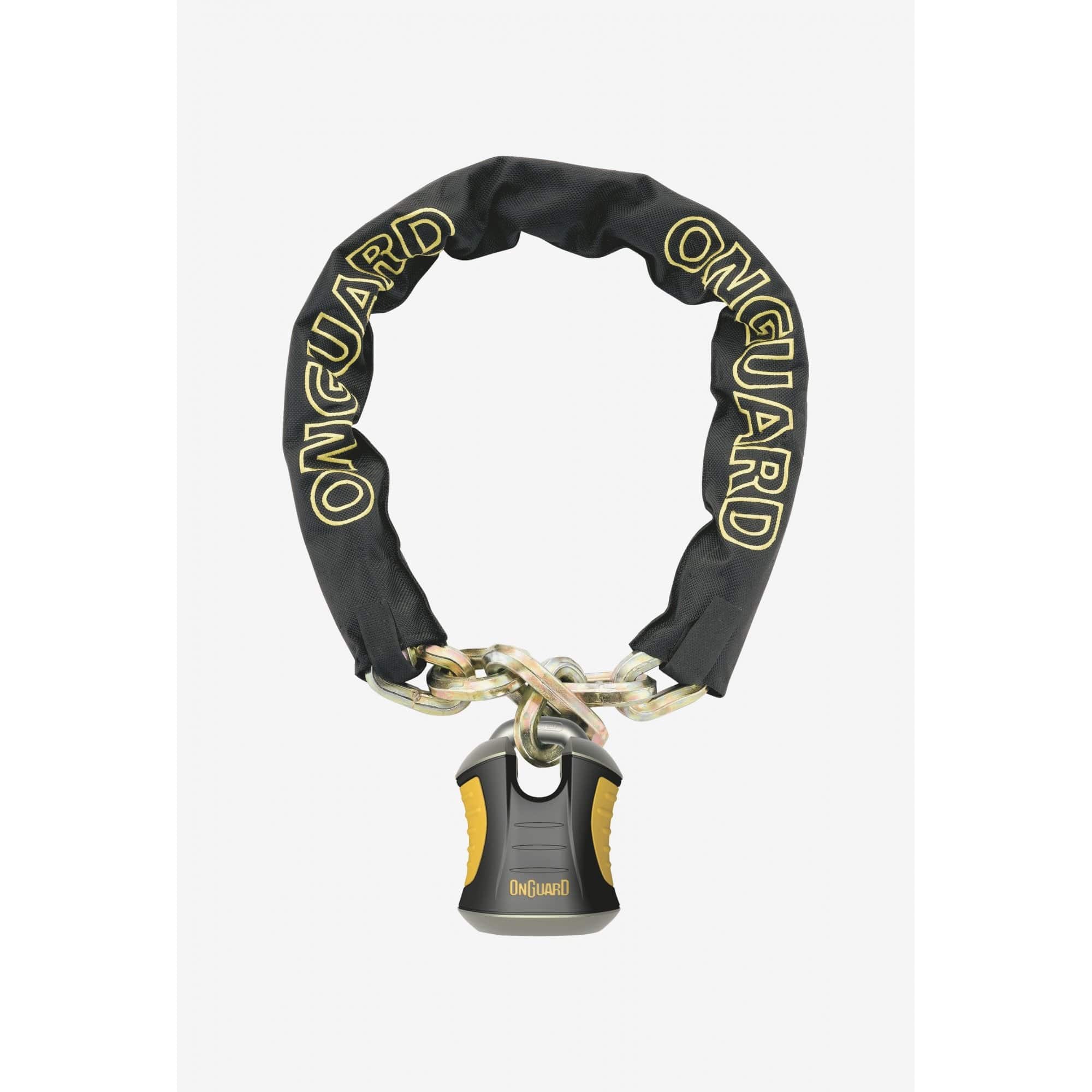 OnGuard Beast 12mm titanium-reinforced chain lock in black and yellow, 110cm, with protective covering and sturdy locking mechanism.